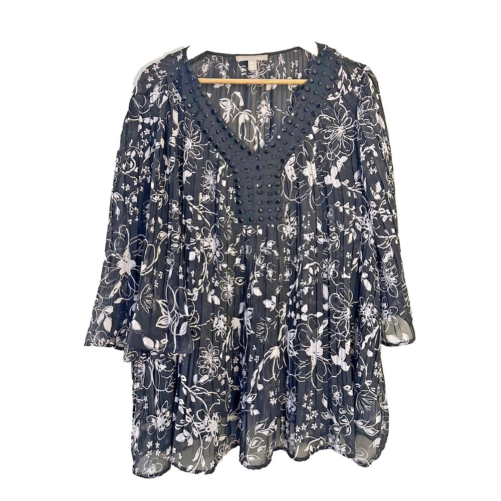 Woman Within Womans Whimsigoth Tunic Top Size 1X Sheer Beaded Flowy Floral Black